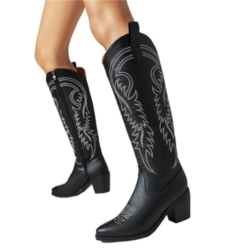VCSZYAFX Damen Rome Street Damenschuhe Braun Rot Schwarz Stickerei Kniehohe klobige High Heels Western Cowboy Wide Boots(Color-02,7.5) von VCSZYAFX