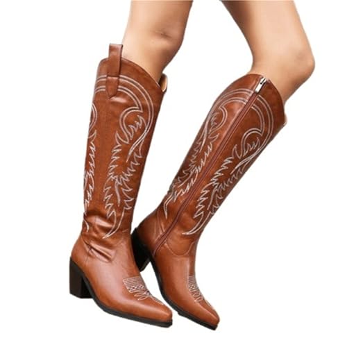 VCSZYAFX Damen Rome Street Damenschuhe Braun Rot Schwarz Stickerei Kniehohe klobige High Heels Western Cowboy Wide Boots(Color-03,9) von VCSZYAFX
