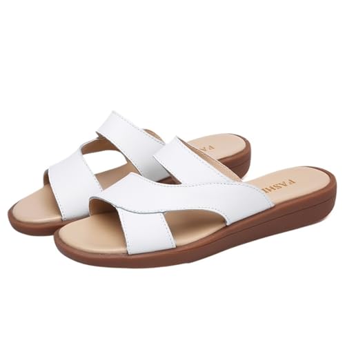 VCSZYAFX Damen Sandalen Sommerschuhe Strandschuhe Leder Slipper(White,37) von VCSZYAFX