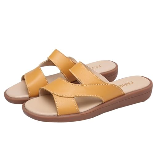 VCSZYAFX Damen Sandalen Sommerschuhe Strandschuhe Leder Slipper(Yellow,37) von VCSZYAFX
