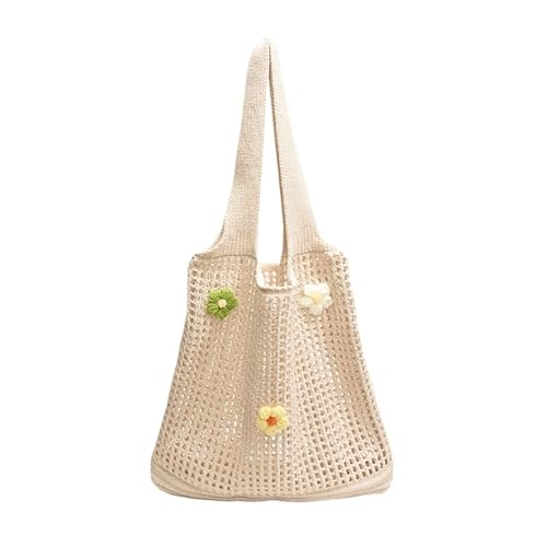 VCSZYAFX Damen Stricktasche Gehäkelte Schultertasche mit Blumendekor Mode Tote Handtaschen(Beige) von VCSZYAFX