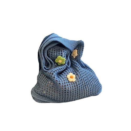 VCSZYAFX Damen Stricktasche Gehäkelte Schultertasche mit Blumendekor Mode Tote Handtaschen(Blue) von VCSZYAFX