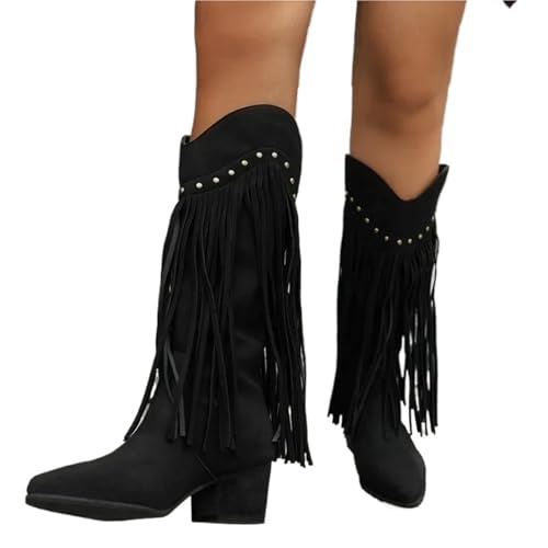 VCSZYAFX Damen Vintage Fransenstiefel Kniehoch Mittel Blockabsatz Spitzschuh Herbst Retro Nieten Botas Weibliche Western Cowboy Booties(Black,38) von VCSZYAFX