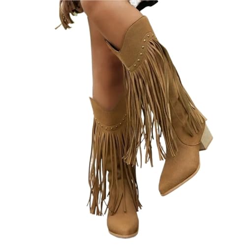 VCSZYAFX Damen Vintage Fransenstiefel Kniehoch Mittel Blockabsatz Spitzschuh Herbst Retro Nieten Botas Weibliche Western Cowboy Booties(Brown,43) von VCSZYAFX