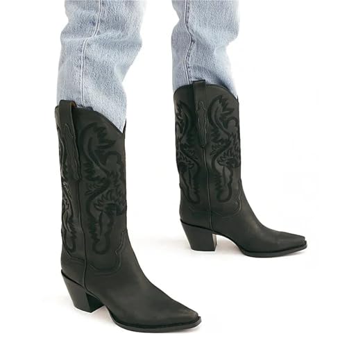 VCSZYAFX Damen Westernstiefel mit Stickerei, kniehoch, Cowboy-/Cowgirlstiefel, klobiger Absatz, Winterschuhe(Black,37) von VCSZYAFX