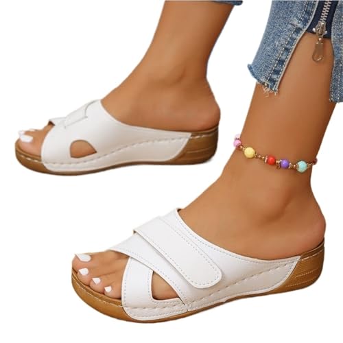 VCSZYAFX Damenschuhe Offene Zehen-Hausschuhe Flacher Absatz Bequeme Freizeit For Damen(White,42) von VCSZYAFX
