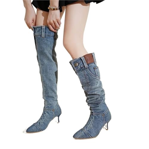 VCSZYAFX Denim Lange Stiefel Frauen Knie Herbst Winter High Heels Retro Western Hot Girl Cowboy Lady Boot Botas(38) von VCSZYAFX