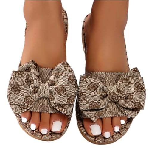 VCSZYAFX Frauen Bogen Hausschuhe Offene Spitze Casual Flats Schuhe Hausschuhe(Brown,37) von VCSZYAFX