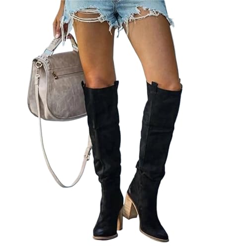 VCSZYAFX Frauen Casual Vintage Retro Lange Kniehohe Cowboy Stiefel Platz Ferse Schuhe Boot Frau(Black,35) von VCSZYAFX