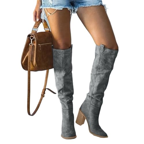 VCSZYAFX Frauen Casual Vintage Retro Lange Kniehohe Cowboy Stiefel Platz Ferse Schuhe Boot Frau(Grey,35) von VCSZYAFX