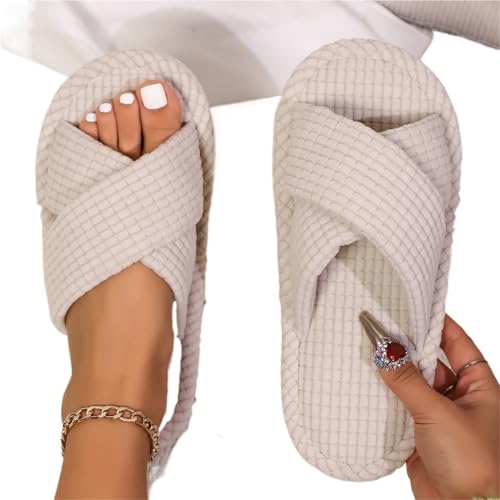 VCSZYAFX Frauen Hausschuhe Hause Band Offene Spitze Schuhe Frau Indoor Slipper Licht(Beige,42-43) von VCSZYAFX
