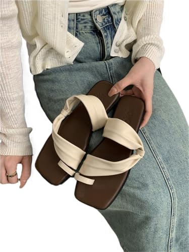 VCSZYAFX Frauen Open Toe Slipper Sandalen Frau Flache Heels Sandalias Dame Casual Schuhe(Beige,39) von VCSZYAFX