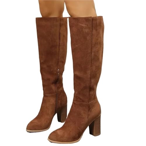 VCSZYAFX Frauen Retro High Heels Stiefel Western Cowboy Chunky Schuhe Winter Warm Plüsch Leder Knie Lange Wildleder(Brown,41) von VCSZYAFX