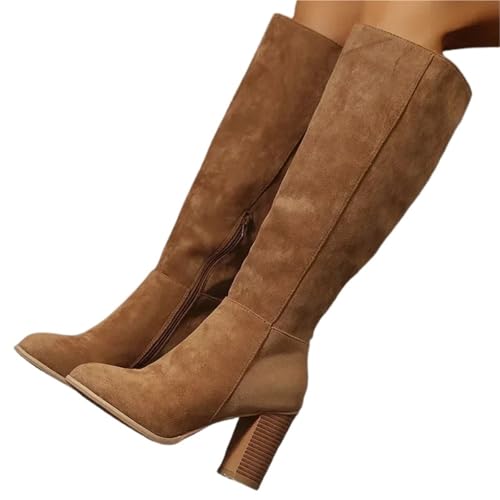 VCSZYAFX Frauen Retro High Heels Stiefel Western Cowboy Chunky Schuhe Winter Warm Plüsch Leder Knie Lange Wildleder(Khaki,39) von VCSZYAFX