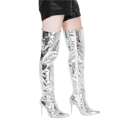 VCSZYAFX Frauen Sexy Silber Spiegel Oberschenkel Hohe Stiefel T Show Pointed Toe Club Party Schuhe Dünne Fersen Über Dem Knie Lange Für(Silver,39) von VCSZYAFX
