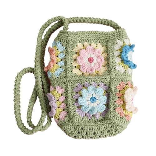 VCSZYAFX Gehäkelte Blume Oma Square Damen Messenger Bag Handgemachte Umhängetaschen Kleine Geldbörse(Green) von VCSZYAFX