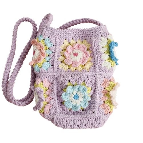 VCSZYAFX Gehäkelte Blume Oma Square Damen Messenger Bag Handgemachte Umhängetaschen Kleine Geldbörse(Purple) von VCSZYAFX