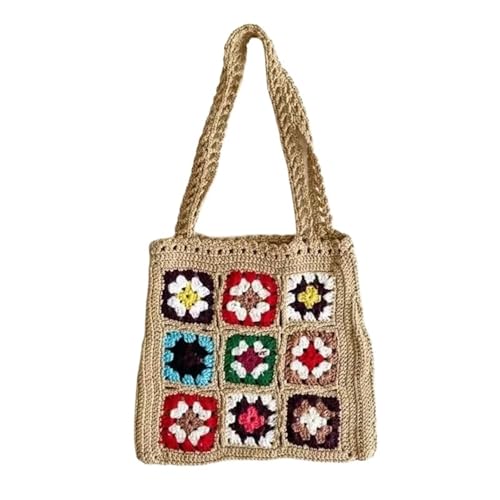 VCSZYAFX Gewebte Tote Strand Handtasche Floral handgemachte Weben Schulter häkeln Tasche(Khaki) von VCSZYAFX