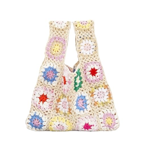 VCSZYAFX Häkeln Blume Plaid Frauen Handtaschen Gewebt Kleine Tote Geldbörsen Casual Strand Tasche(Beige) von VCSZYAFX