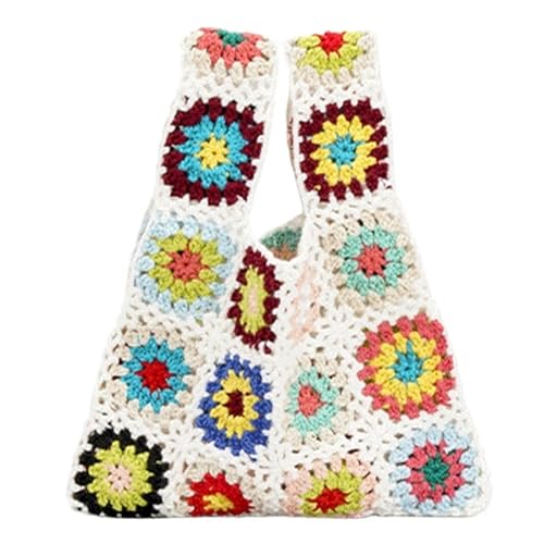 VCSZYAFX Häkeln Blume Plaid Frauen Handtaschen Gewebt Kleine Tote Geldbörsen Casual Strand Tasche(White) von VCSZYAFX