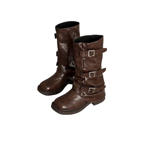 VCSZYAFX Herbst Winter Vintage Frau Ritter Kniehohe Stiefel Schuhe Damen Elegant Dicken Niedrigen Absatz Gürtel Schnalle Western Cowboy Botas(Brown,38) von VCSZYAFX