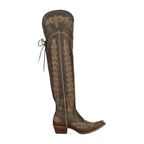 VCSZYAFX Highcut-Kniehoher Riemen mit seitlichem Reißverschluss, dicke High Heels, spitze Zehenpartie, Western-Denim-Damenstiefel in Übergröße(Coffee Diamond,Color43) von VCSZYAFX