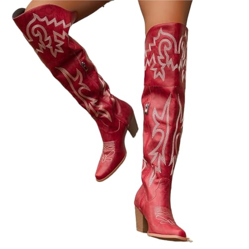 VCSZYAFX Kniehohe Stiefel Damenschuhe Western Cowboy Knight Over Side Zipper Lange Tube Damen Heels(Red,36) von VCSZYAFX