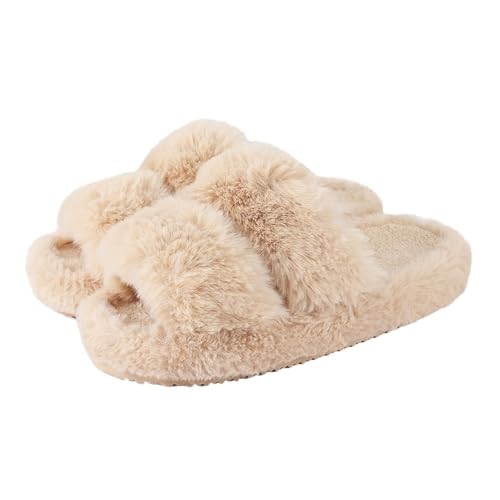 VCSZYAFX Offene Zehen Hausschuhe Indoor Warme Weibliche Slides Plüsch Frauen Winter(Beige,40-41) von VCSZYAFX
