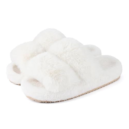 VCSZYAFX Offene Zehen Hausschuhe Indoor Warme Weibliche Slides Plüsch Frauen Winter(White,40-41) von VCSZYAFX