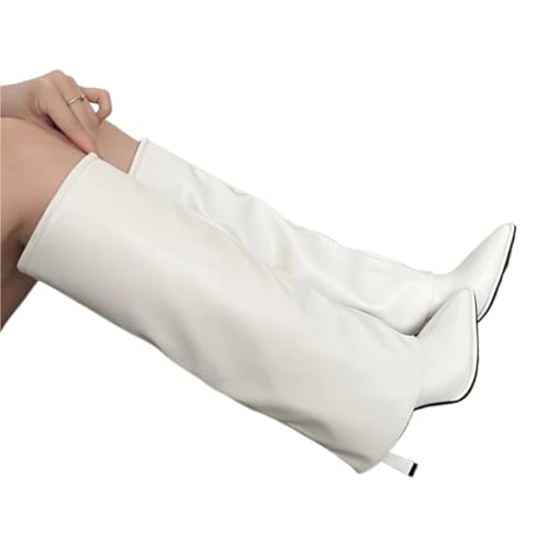 VCSZYAFX Party Moderne Damen Kniehohe Stiefel Spitzschuh Plissee Western Frauen Lange Schuhe Weibliche Pumps Heels(WHITE,35) von VCSZYAFX