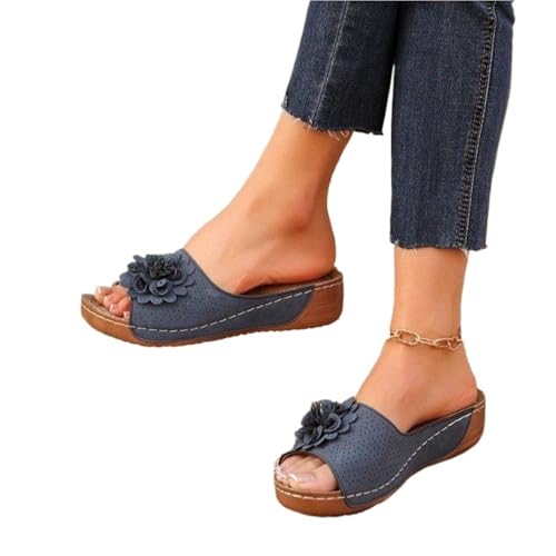 VCSZYAFX Plus Size Flower Plateau Rutschfeste Sandalen Offene Zehenpartie Ausgehöhlte Hausschuhe(Blue,37) von VCSZYAFX
