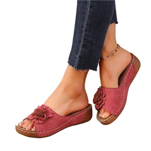 VCSZYAFX Plus Size Flower Plateau Rutschfeste Sandalen Offene Zehenpartie Ausgehöhlte Hausschuhe(Red,40) von VCSZYAFX