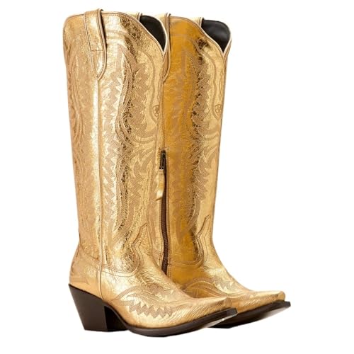 VCSZYAFX Retro Spitz Dicken High Heels Kniehohe Stickerei Cosplay Reitstiefel Western Cowboy Unisex Multi-color(Gold,42) von VCSZYAFX