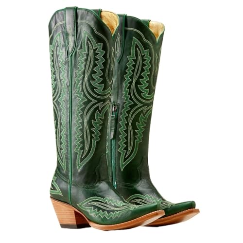 VCSZYAFX Retro Spitz Dicken High Heels Kniehohe Stickerei Cosplay Reitstiefel Western Cowboy Unisex Multi-color(Green,Color43) von VCSZYAFX