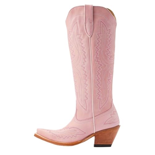 VCSZYAFX Retro Spitz Dicken High Heels Kniehohe Stickerei Cosplay Reitstiefel Western Cowboy Unisex Multi-color(Pink,36) von VCSZYAFX