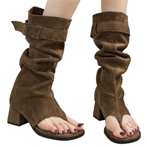 VCSZYAFX Schnalle Frauen Knie High Heels Stiefel Weibliche Flip-Flops Schuhe Western Damen Sandalen Mit Quadratischen Schuhen(Brown,37) von VCSZYAFX
