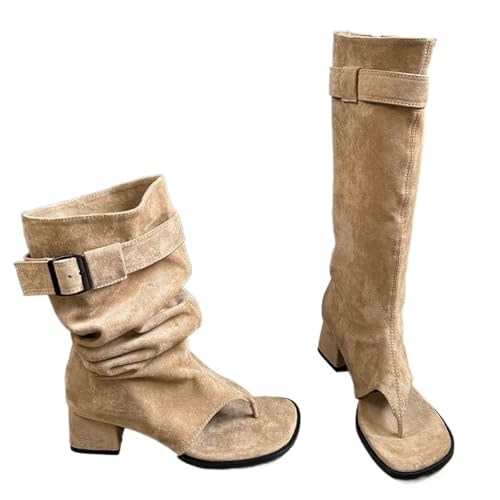 VCSZYAFX Schnalle Frauen Knie High Heels Stiefel Weibliche Flip-Flops Schuhe Western Damen Sandalen Mit Quadratischen Schuhen(Khaki,40) von VCSZYAFX