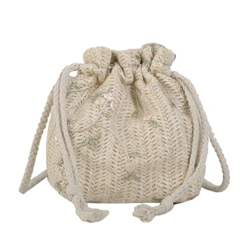 VCSZYAFX Stroh Woven Messenger Handtaschen Strand Blume Stickerei Stricken Frauen Kordelzug(WHITE) von VCSZYAFX