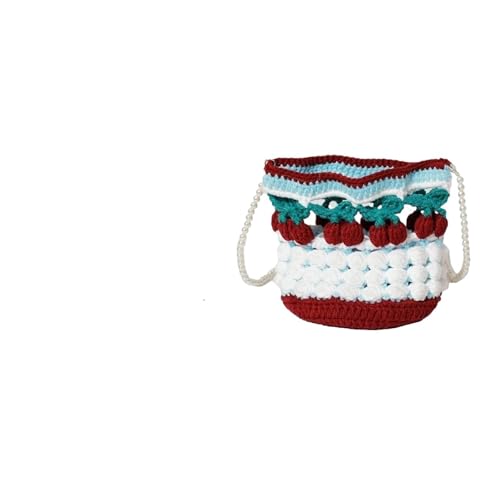 VCSZYAFX Süße Häkel-Handtasche mit Blumenmuster, Handytasche, Damen-Umhängetasche mit Perlenkette, MiniFashion, gestrickte Eimer-Umhängetasche for Damen und Mädchen(Red) von VCSZYAFX