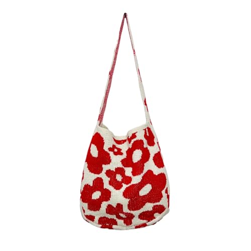 VCSZYAFX Umhängetaschen for große Kapazität Schultertaschen Blume Häkeln Strick Tote Handtaschen(Red) von VCSZYAFX