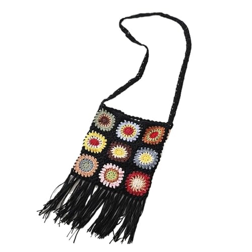 VCSZYAFX Weibliche Granny Square Häkeln Floral Öse Fransen Klappe Seite Sling Schulter Tasche Handtasche(Black) von VCSZYAFX