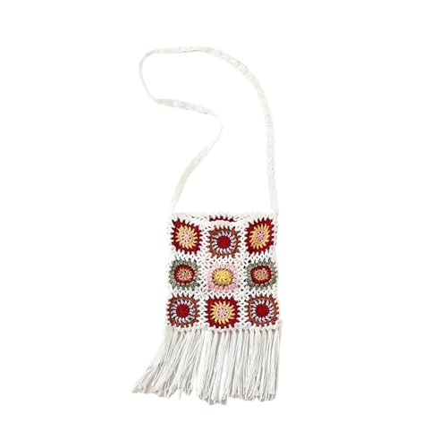 VCSZYAFX Weibliche Granny Square Häkeln Floral Öse Fransen Klappe Seite Sling Schulter Tasche Handtasche(WHITE) von VCSZYAFX