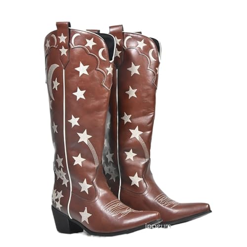 VCSZYAFX Weiße Cowboystiefel Star Western Kniehohe Schuhe for Frauen Plus Größe 43 Cowgirl Vintage Sticken(Brown,US 8 (25.0CM)) von VCSZYAFX