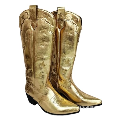 VCSZYAFX Weiße Cowboystiefel Star Western Kniehohe Schuhe for Frauen Plus Größe 43 Cowgirl Vintage Sticken(Gold,US 4.5 (23.0CM)) von VCSZYAFX