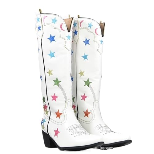 VCSZYAFX Weiße Cowboystiefel Star Western Kniehohe Schuhe for Frauen Plus Größe 43 Cowgirl Vintage Sticken(White,US 5 (23.5CM)) von VCSZYAFX