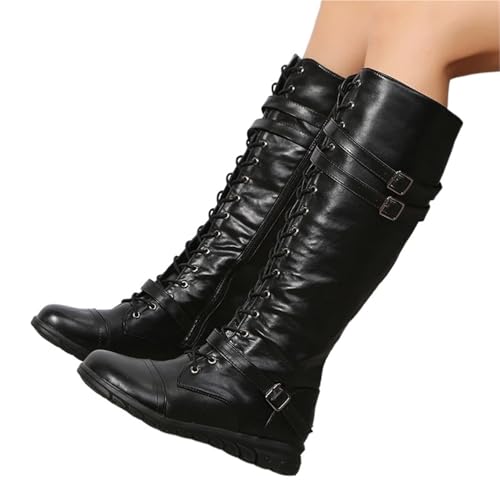 VCSZYAFX Winterstiefel for Frauen Combat Cowboy Kniehohe lange Lederplattformschuhe Schwarz Gothic Rock Punk Solide Damen(Black,41) von VCSZYAFX