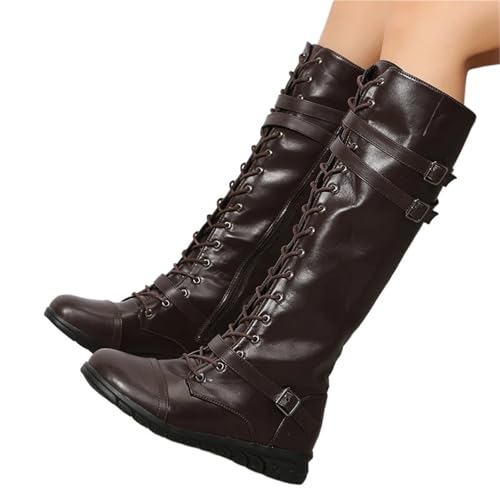 VCSZYAFX Winterstiefel for Frauen Combat Cowboy Kniehohe lange Lederplattformschuhe Schwarz Gothic Rock Punk Solide Damen(Dark brown,36) von VCSZYAFX