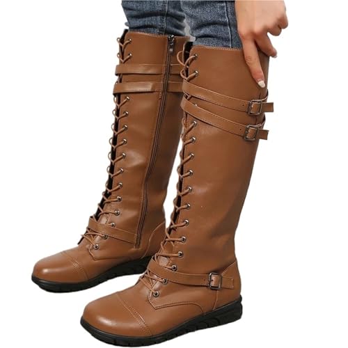 VCSZYAFX Winterstiefel for Frauen Combat Cowboy Kniehohe lange Lederplattformschuhe Schwarz Gothic Rock Punk Solide Damen(Yellow brown,43) von VCSZYAFX