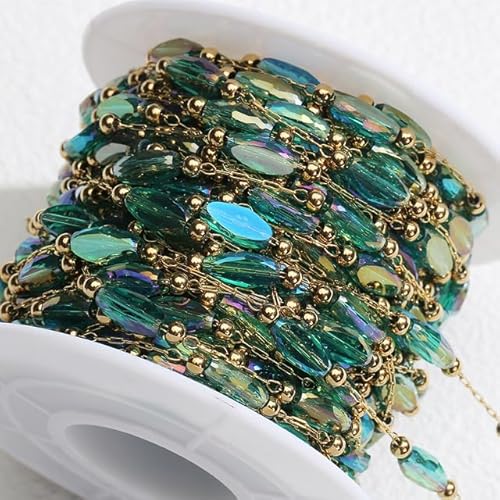 VDCVADKYE Kristallperlen, Edelstahl Kristall Perlen Kette Multicolor 1-2 Meter for Schmuck Machen DIY(Gold Color-green,2meters) von VDCVADKYE