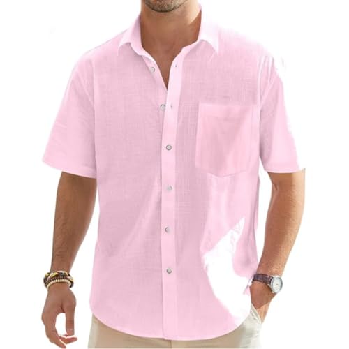 VDDTAGAM Herren Leinenhemd Kurzarm Sommerhemd Pink 6XL von VDDTAGAM